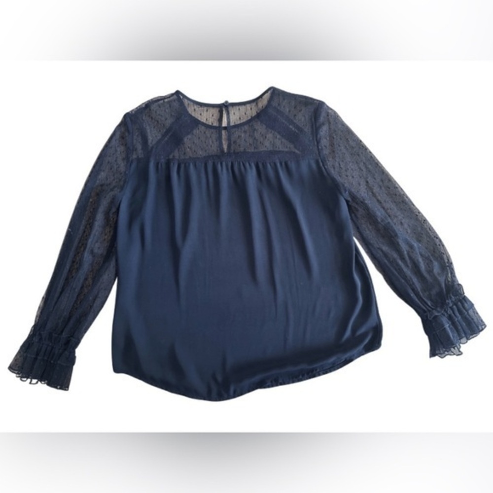 LOFT Black Sheer Sleeve Blouse Ruffle Detail | Size Medium Petite